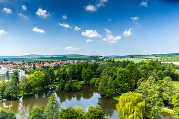 Fototapeta premium Aerial view of the Telc city and czech countryside.
