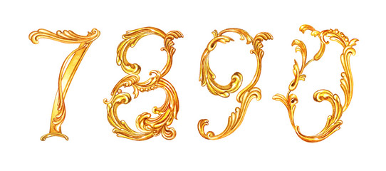 Golden numbers 7,8,9,0 in baroque style, watercolor painting on white background, isolated.