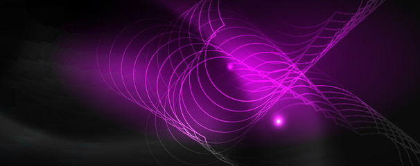 Shiny neon techno template. Neon lines background, 80s style laser rays