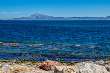 Fototapeta na wymiar View from Tarifa near Port of Tarifa, Province of Cadiz, Andalusia Spain across the Straits of Gibraltar