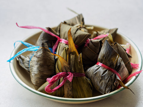 High angle shot of Asian rice dumplings (Zongzi)