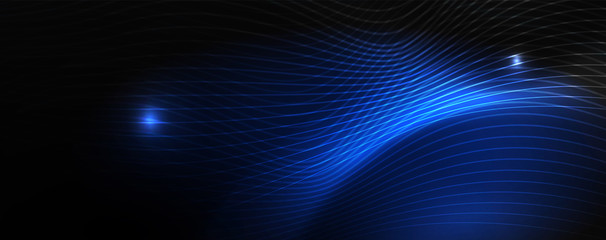 Smoky glowing waves in the dark. Dark abstract background with neon color light and wavy lines. Vector