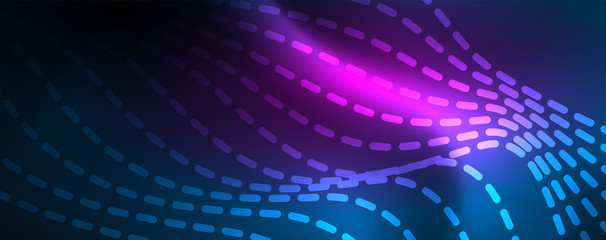 Obraz premium Smooth wave lines on blue neon color light background. Glowing abstract wave on dark, shiny motion, magic space light