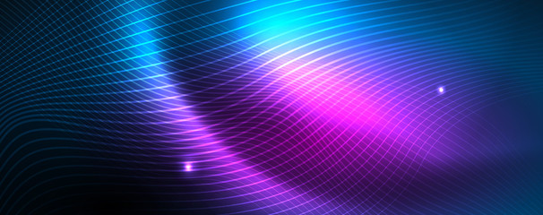 Smooth wave lines on blue neon color light background. Glowing abstract wave on dark, shiny motion, magic space light