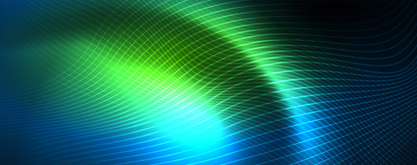 Smooth wave lines on blue neon color light background. Glowing abstract wave on dark, shiny motion, magic space light