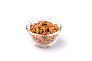 Fried onion in the glass, topping for hot dog, fast food, isolated on white