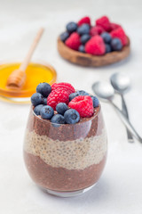 Layered chocolate and peanut butter chia seed pudding in glass, garnished with raspberry and blueberry, vertical