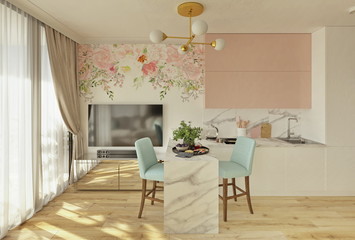 Cozy light modern studio apartment in pink and turquoise colors, 3d render