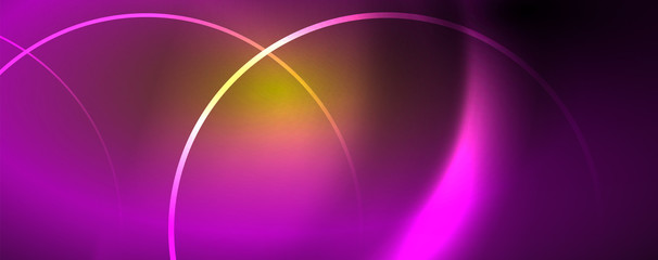 Bright neon circles and wave lines, glowing shiny background design template, digital techno concept.