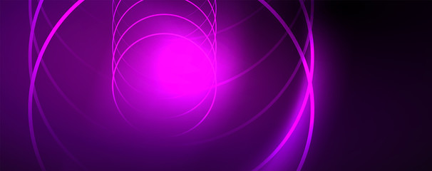 Shiny neon lights, dark abstract background with blurred magic neon light curved lines