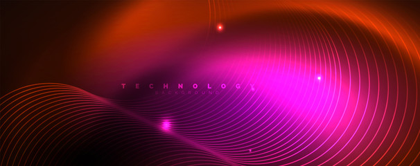 Bright neon circles and wave lines, glowing shiny background design template, digital techno concept.