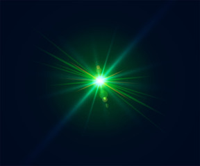 Fototapeta premium Glowing lens flare. Beautiful glare effect with bokeh, glitter particles and rays. Sparkling green light effects of flash with colorful twinkle. Shining abstract background. Vector illustration.
