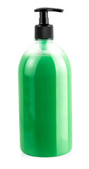 The Liquid container for gel, lotion, cream, shampoo, bath from pink cosmetic plastic bottle with black dispenser pump.