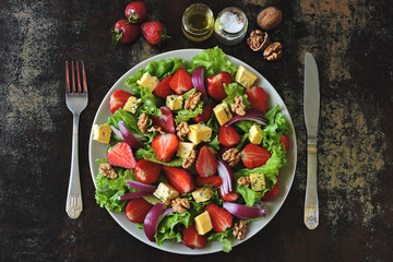 Healthy salad with strawberries and blue cheese. Keto diet. Keto lunch Summer strawberry salad.