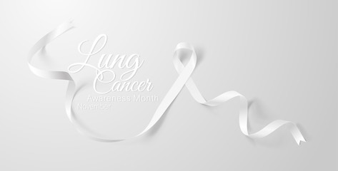 Lung Cancer Awareness Calligraphy Poster Design. Realistic White Ribbon. November is Cancer Awareness Month. Vector Illustration