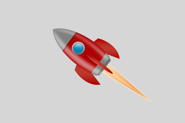 Red space rocket with porthole on gray background.