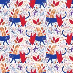 Black panther in jungle seamless pattern.