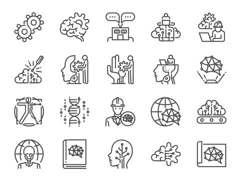 AI engineer line icon set. Included icons as artificial intelligence, robotics, machine learning, robot, automation, humanoid and more.
