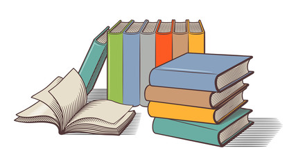 A lot of books lying on a table. Colored retro style vector image