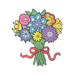 Flower bouquet decorated with ribbon. Colored vector image