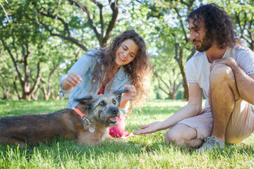 Happy beautiful curly young couple sits on the grass with with  a cute dog