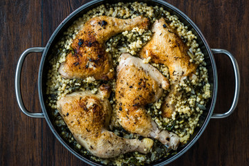 Couscous with Chicken Legs and Chard Roots in Pan Ready to Serve
