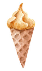 Hand painted watercolor ice cream. Hand drawn sweet icecream illustration.