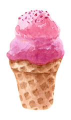 Hand painted watercolor ice cream. Hand drawn sweet icecream illustration.