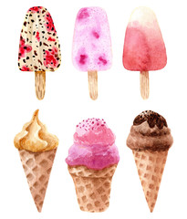 Hand painted watercolor ice cream. Hand drawn sweet icecream illustration.