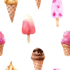 Hand painted watercolor ice cream. Hand drawn sweet icecream illustration.