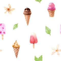 Hand painted watercolor ice cream. Hand drawn sweet icecream illustration.