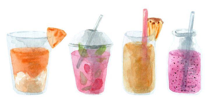 Hand painted watercolor cold drink. Hand drawn sweet illustration. Summer design decor