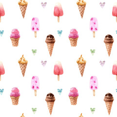 Hand painted watercolor ice cream. Hand drawn sweet icecream illustration.