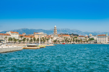 City center, cathedral tower, boats and yachts in marina of Split, Croatia, largest city of the region of Dalmatia and popular touristic destination, beautiful seascape