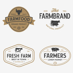 Farmers market logo templates stamps labels badges set. Trendy retro style logotypes, farm natural organic products food, animals, beef, goat, hen and pig silhouettes.