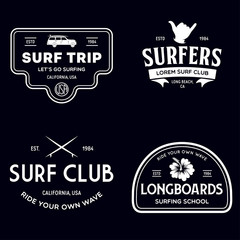 Vintage Surfing Emblems for web design or print. Surfer logo templates. Surf Badges. Summer fun. Surfboard elements. Outdoors activity - boarding on waves.