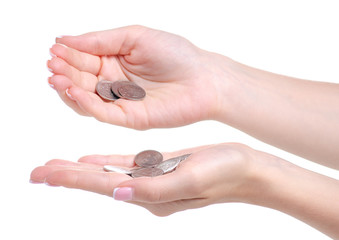 Penny coins in hand on white background isolation