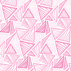 Tender pink seamless pattern with doodle striped triangles. Abstract fashion trendy vector texture with hand drawn shapes for textile, wrapping paper, cover, surface, background, wallpaper
