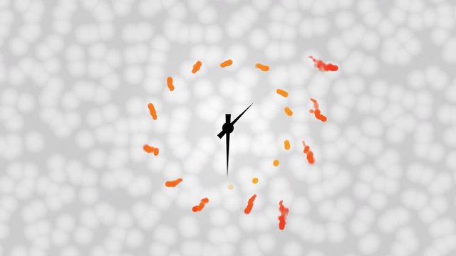 Viral marketing / spreading germs / virus attack concept. Orange bacteria-like particles crawl away from animated clock hands on cells background.