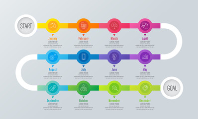 12 months timeline infographics design vector and business icons.