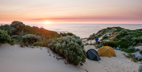 Camping on a beach at sunset, Margaret River, Western Australia, Australia