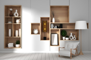 Japan white room interior design,white living room. 3d illustration, 3d rendering