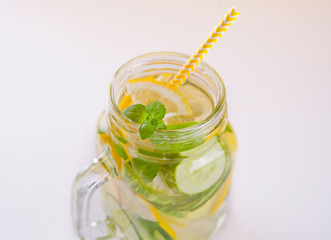 Refreshing summer drink with lemon, ginger, fresh cucumber and mint.