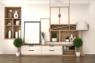ooden cabinet on room shelf wall minimalist and japanese interior of zen living room.3d rendering