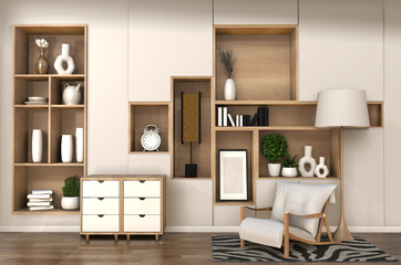 wooden cabinet on room shelf wall minimalist and japanese interior of zen living room.3d rendering