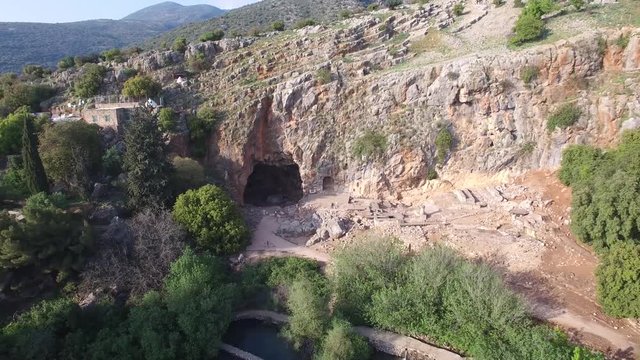Aerial view of Cave of Banias, Hermon River, ancient ruins. Israel. DJI-0018-03