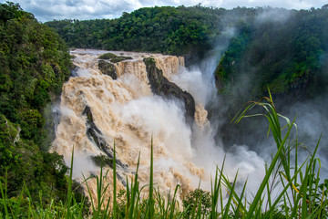 Huge tropical waterfall surrounded by rainforest on the Barron river in Queensland, Australia