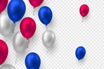 Realistic 3d glossy balloons in red, blue and white colors. Vector elements for national holiday backgrounds or birthday party. Isolated on transparent.