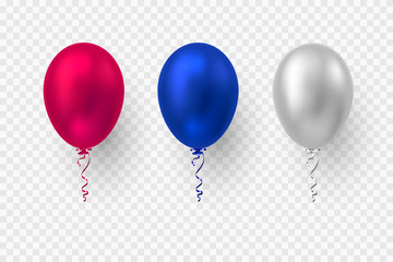 Realistic 3d glossy balloons in red, blue and white colors. Vector elements for national holiday backgrounds or birthday party. Isolated on transparent.
