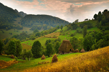 Obraz premium Romanian hovel with thatch and straw bundles near, in beautiful wild country. Romanian rurality with typical building with straw roof.